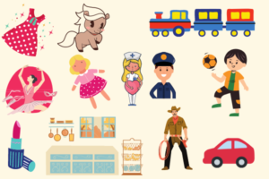 Abbildung verschiedener Dinge: Kleid, Lippenstift, Ballerina, Küche, Puppe, Krankenschwester, Auto, Polizist, Fußballer, Cowboy, Zug